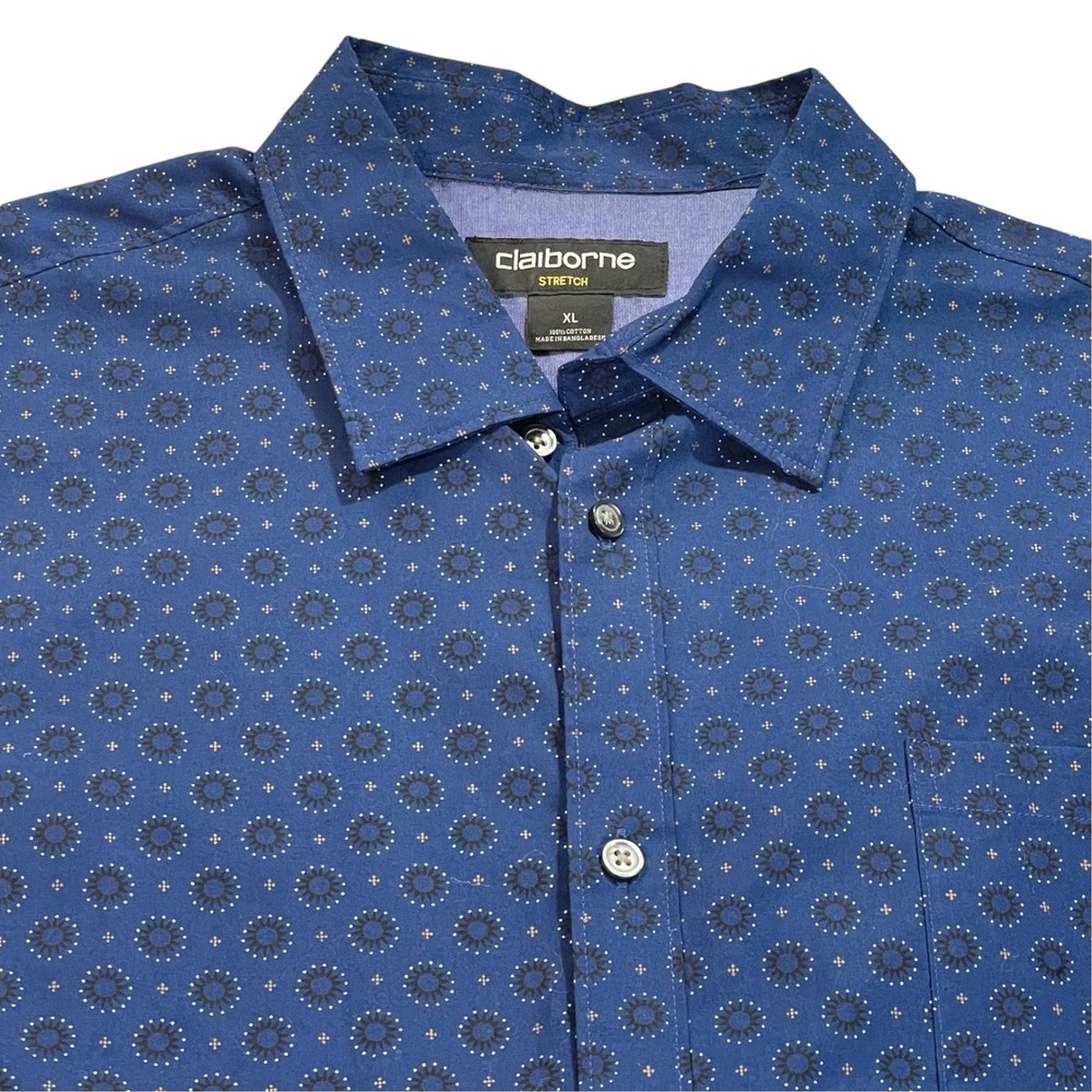 Claiborne Stretch Mens XL Blue Geometric Medallion Cotton Button Up Shirt